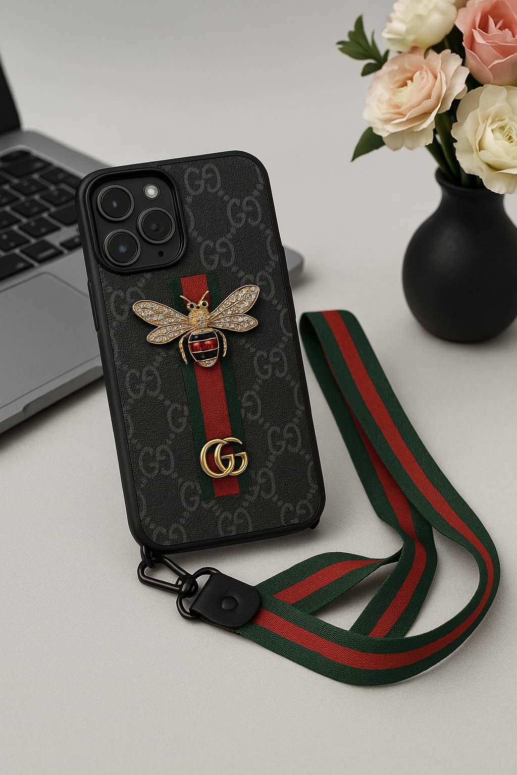 iPhone Luxury GG BEE Stripe Leather CASE Black