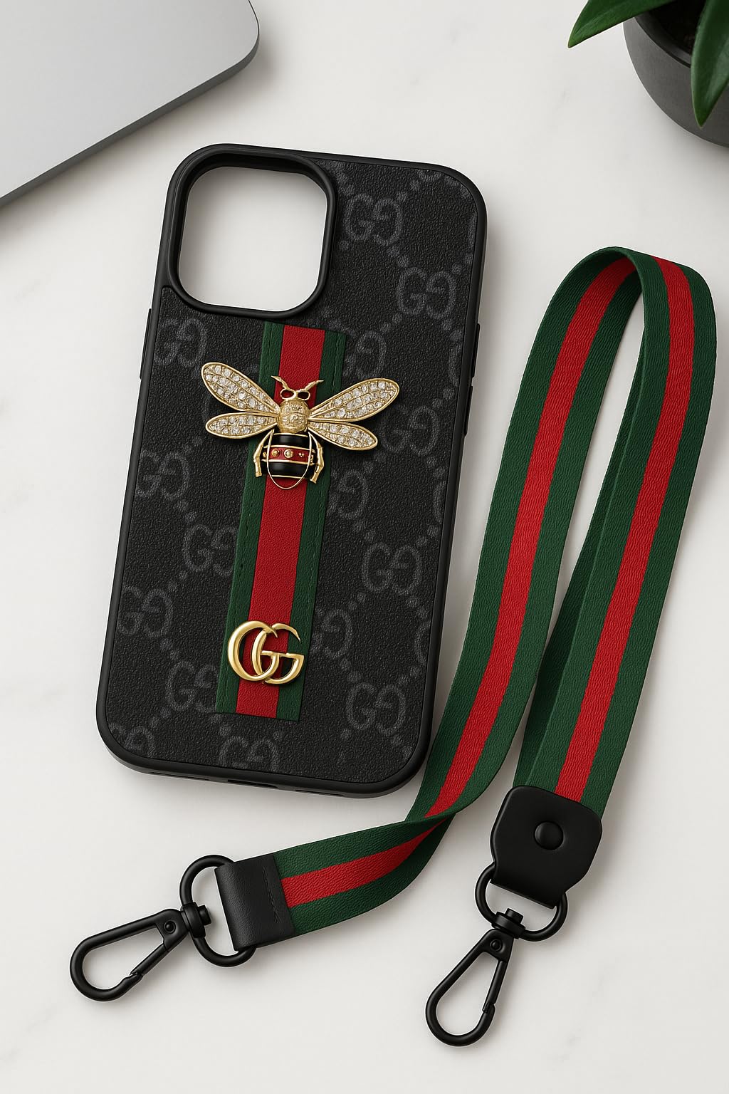 iPhone Luxury GG BEE Stripe Leather CASE Black