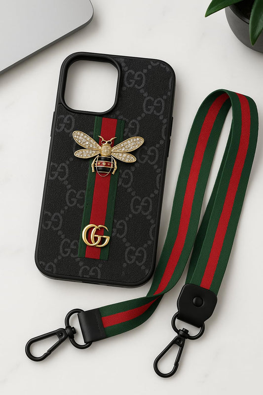 iPhone Luxury GG BEE Stripe Leather CASE Black