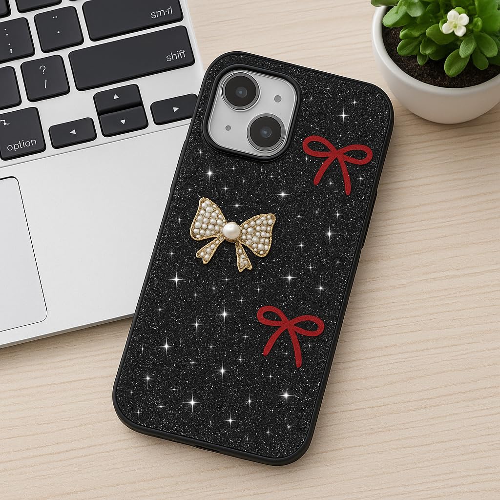 Glitter iPhone 15 Case with Pearl Bow – Elegant Sparkle Black Cover with Red Ribbons – Stylish Protective Case for Girls & Women (iPhone 14)