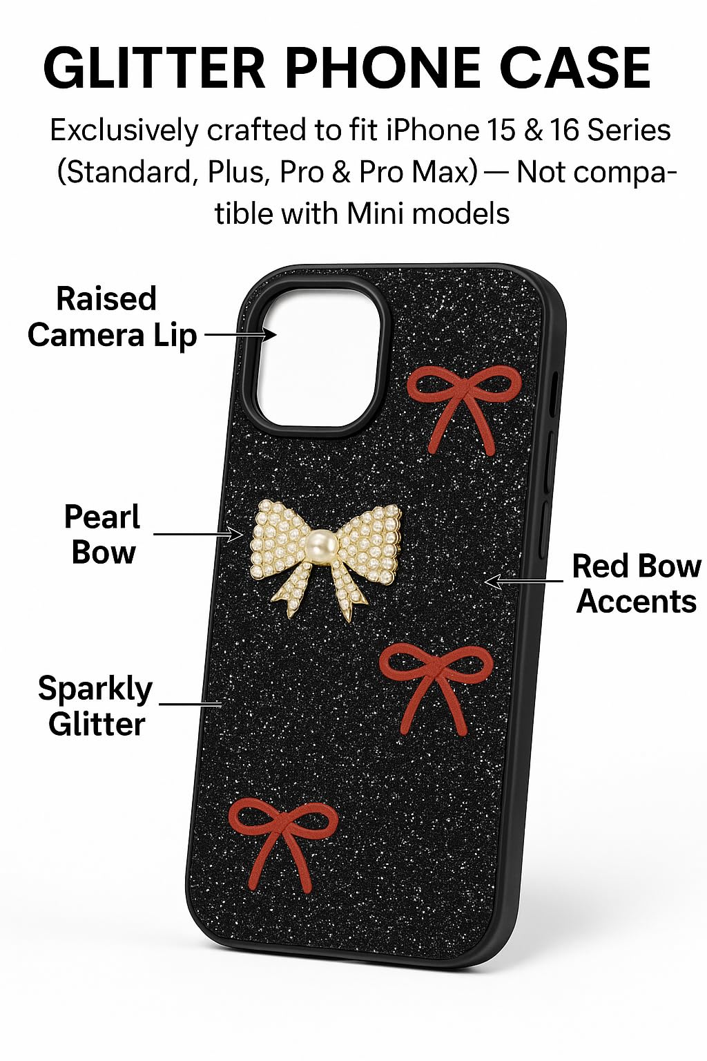 Glitter iPhone 15 Case with Pearl Bow – Elegant Sparkle Black Cover with Red Ribbons – Stylish Protective Case for Girls & Women (iPhone 14)