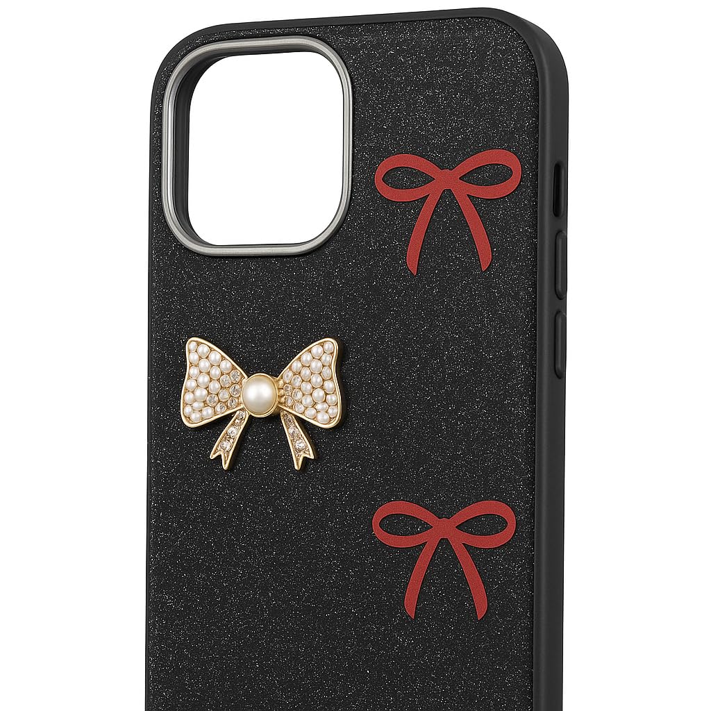 Glitter iPhone 15 Case with Pearl Bow – Elegant Sparkle Black Cover with Red Ribbons – Stylish Protective Case for Girls & Women (iPhone 14)
