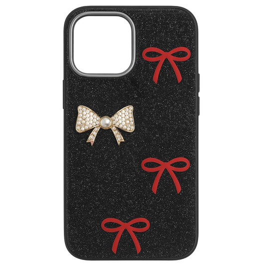 Glitter iPhone 15 Case with Pearl Bow – Elegant Sparkle Black Cover with Red Ribbons – Stylish Protective Case for Girls & Women (iPhone 14)