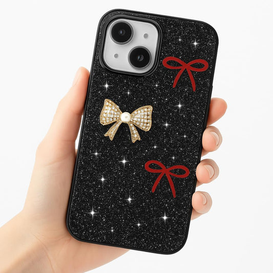 Glitter iPhone 15 Case with Pearl Bow – Elegant Sparkle Black Cover with Red Ribbons – Stylish Protective Case for Girls & Women (iPhone 14)